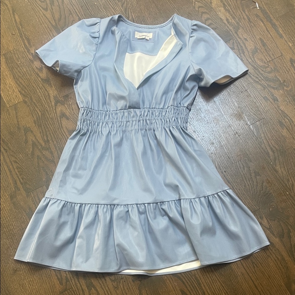Anthropologie Faux Leather Light Blue Short Sleeve Dress Blue Cottagecore